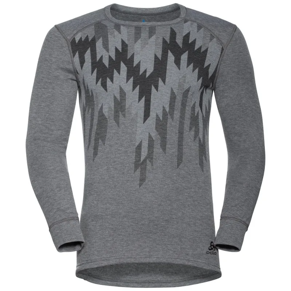 Odlo Men's ACTIVE WARM ECO Graphic Long-Sleeve Baselayer Top in Steel Grey Melange