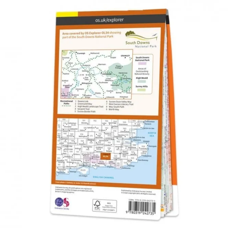 Ordnance Survey Explorer Outdoor Leisure 1:25 000 Laminated - OL34 - Crawley & Horsham