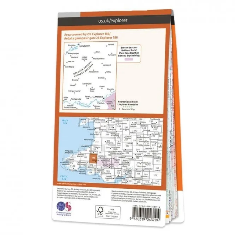 Ordnance Survey Explorer 1:25 000 Laminated - 186 - Llandeilo & Brechfa Forest