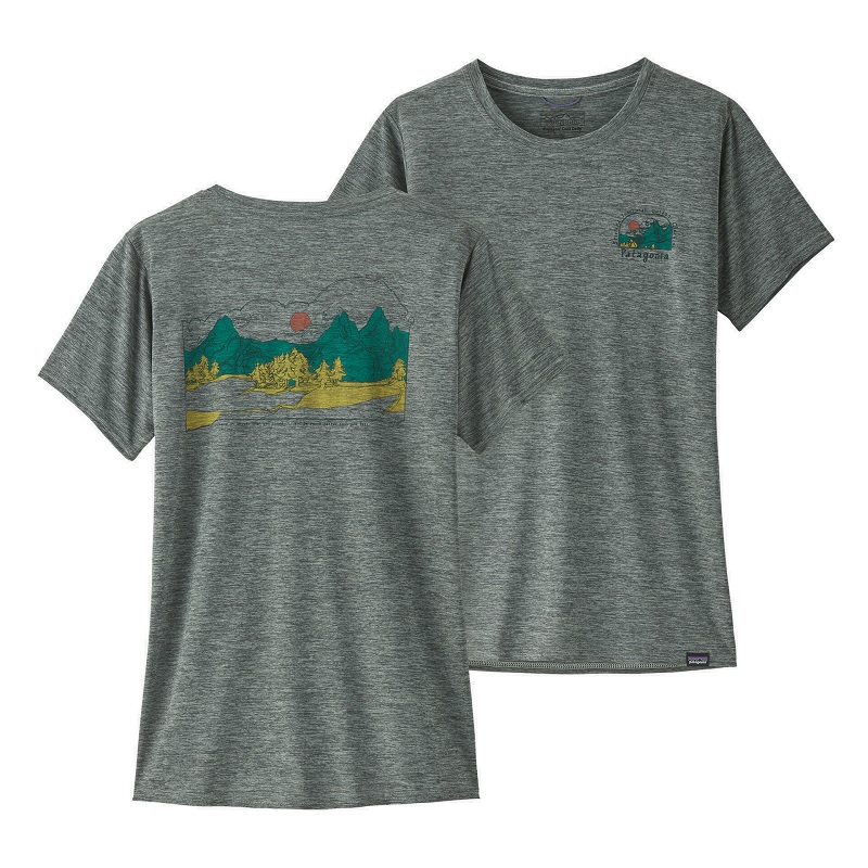Patagonia Women's Capilene Cool Daily Graphic Shirt in Lands - Lost and Found: Sleet Green X-Dye