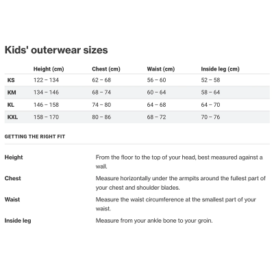 Palm Rocket Kid's Suit - Size Chart