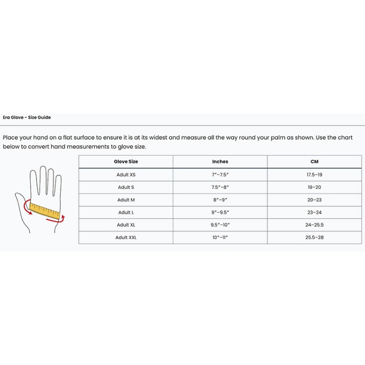 Extremities Era Glove - Size Chart